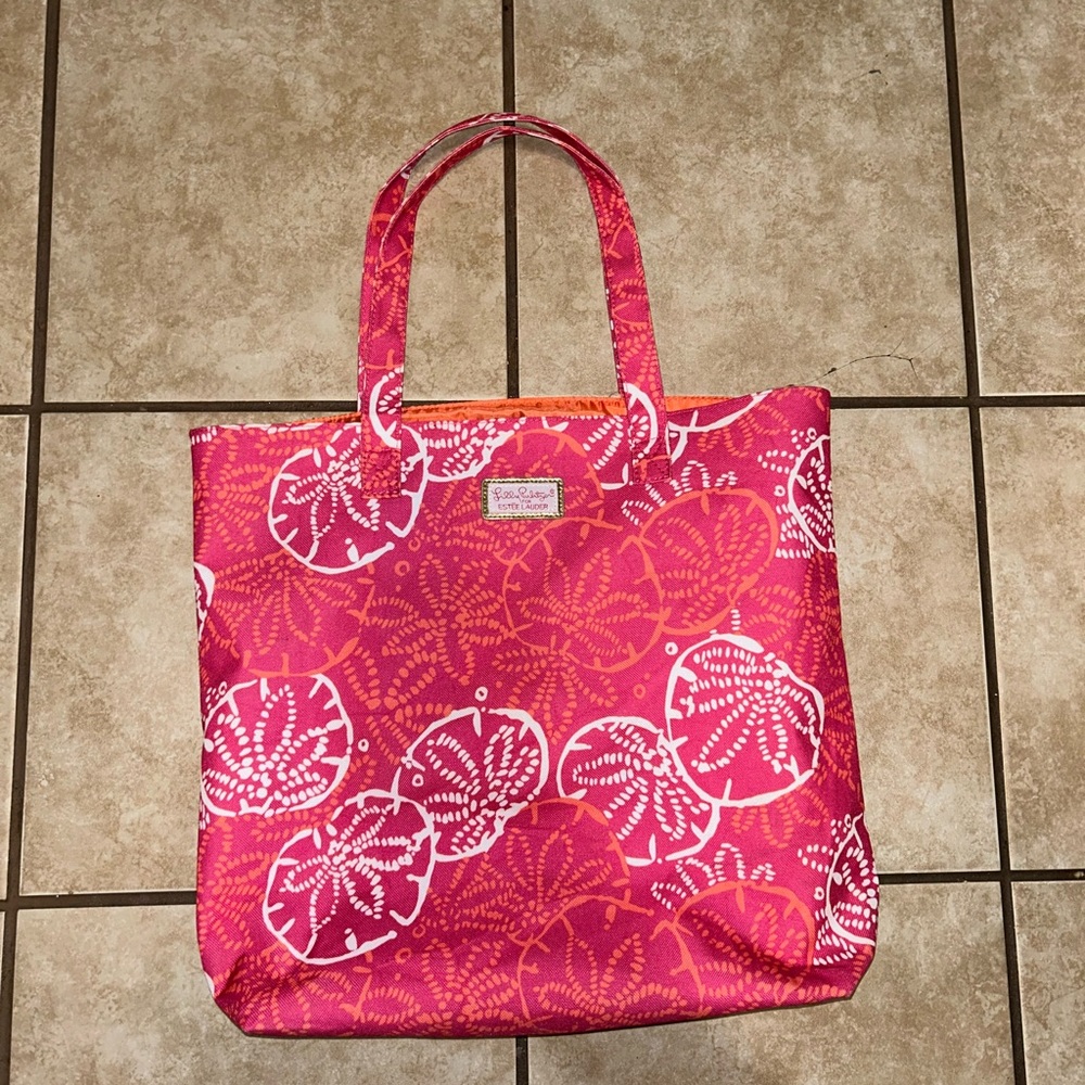 Lilly Pulitzer For Estee Lauder Magenta Coral Floral Large Tote Bag